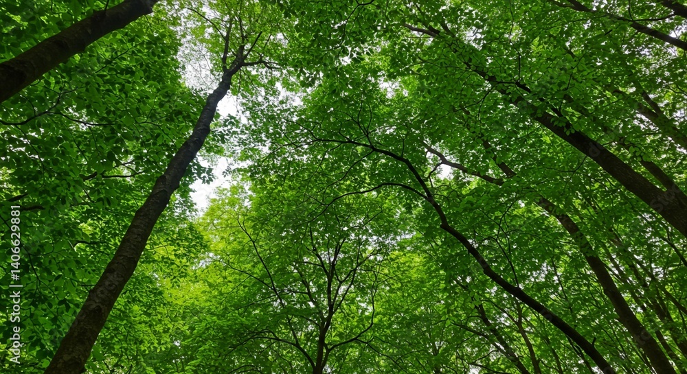 Revealing lush green leaves and tall dark tree trunks with filtered sunlight in an immersive woodland scene is a view looking up through a dense forest canopy