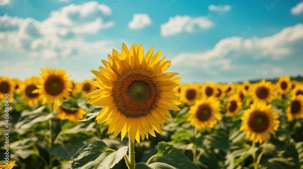 A bright yellow sunflower field stretching endlessly under a summer sky A bright yellow sunflower field stretching endlessly under a summer sky