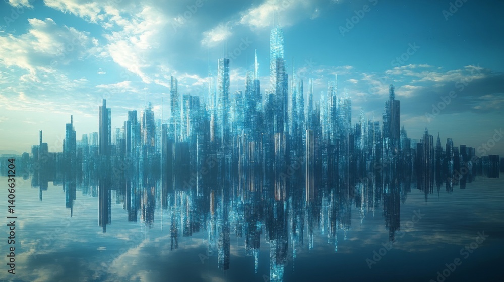 Fototapeta premium Futuristic Cityscape Reflection in Blue Water at Dawn
