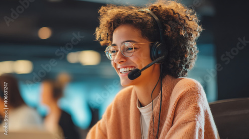 Friendly customer service representative wearing headset providing support online call center agent job