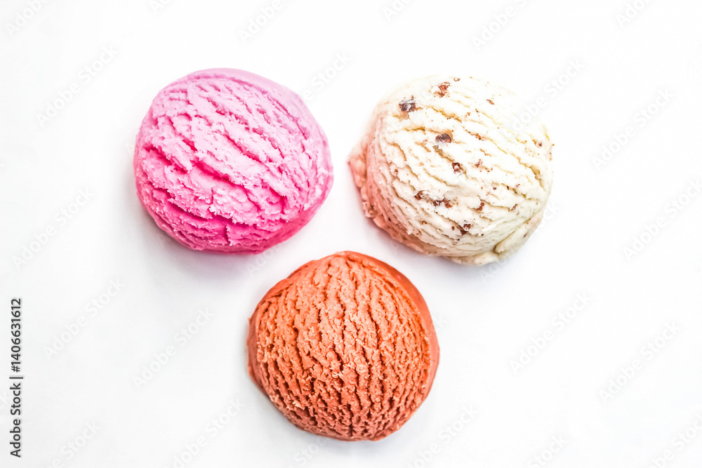 Fototapeta premium several flavors of ice cream scoops isolated on white background