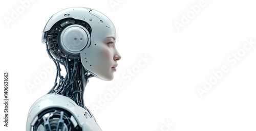 Elegant female android side profile with visible mechanical components. Clean white metal, photorealistic render on white. Futuristic tech, AI, robotics concept. Isolated on transparent background.