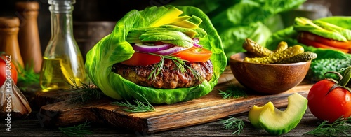 A vibrant, fresh lettuce-wrapped burger garnished with vegetables, showcasing a healthy twist on a classic meal.