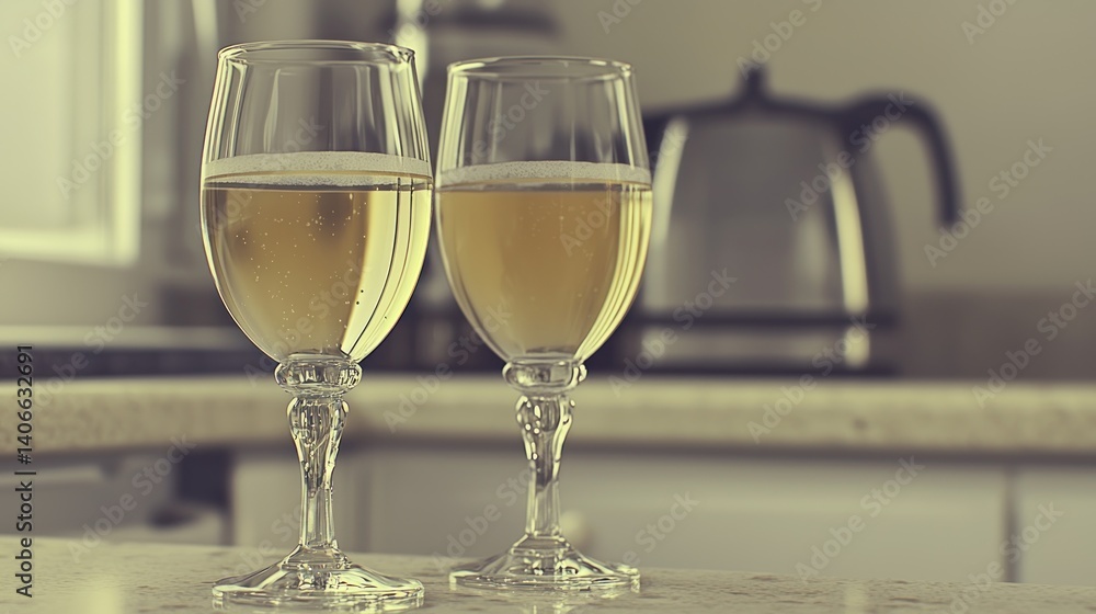 Two Champagne Glasses on a Kitchen Counter Two Champagne Glasses on a Kitchen Counter