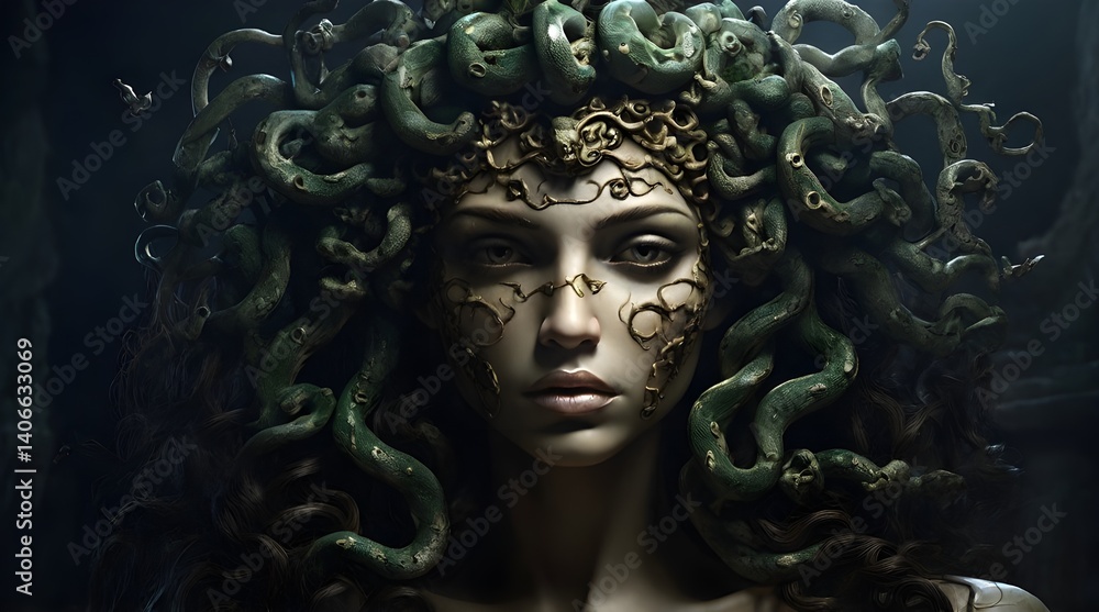 The classic depiction of the head of the gorgon medusa from ancient mythology.generative.ai