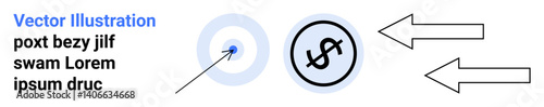 Target with arrow hitting center, dollar sign inside circle, two arrows pointing outward. Ideal for financial goals, success strategies, decision-making, monetary flow, direction, focus simple