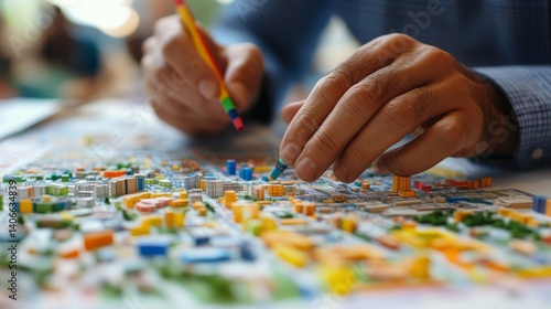 Closeup of Hands Working on Colorful Miniature City Model