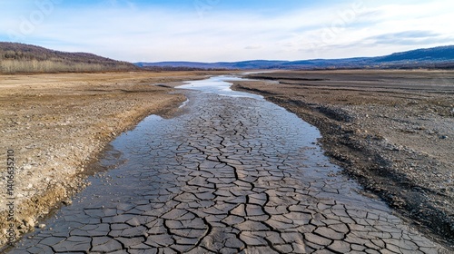 Global water shortages impacting dried-up riverbeds in nongkhanestock environmental crisis dry landscape aerial view