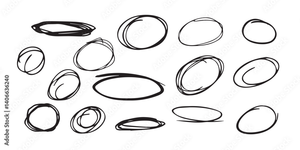 Hand-Drawn Sketchy Ovals and Ellipses Collection – Ink Doodle Style Shapes on White Background Hand-Drawn Sketchy Ovals and Ellipses Collection – Ink Doodle Style Shapes on White Background