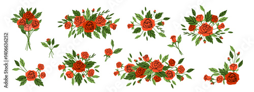 Roses compositions. Red flowers and green leaves. Decorative elements, frame, borders and divider, underlines. Bouquet with blossoms. Botanical garland. Vector cartoon flat style isolated illustration