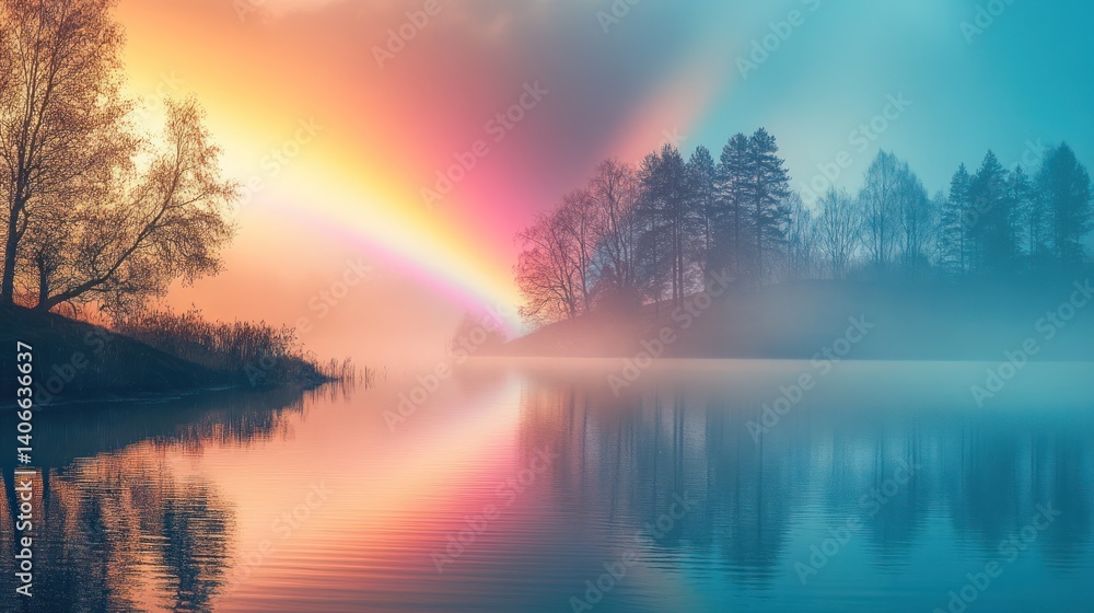 Mystical lake view with a radiant prism during a foggy dreamy morning Mystical lake view with a radiant prism during a foggy dreamy morning