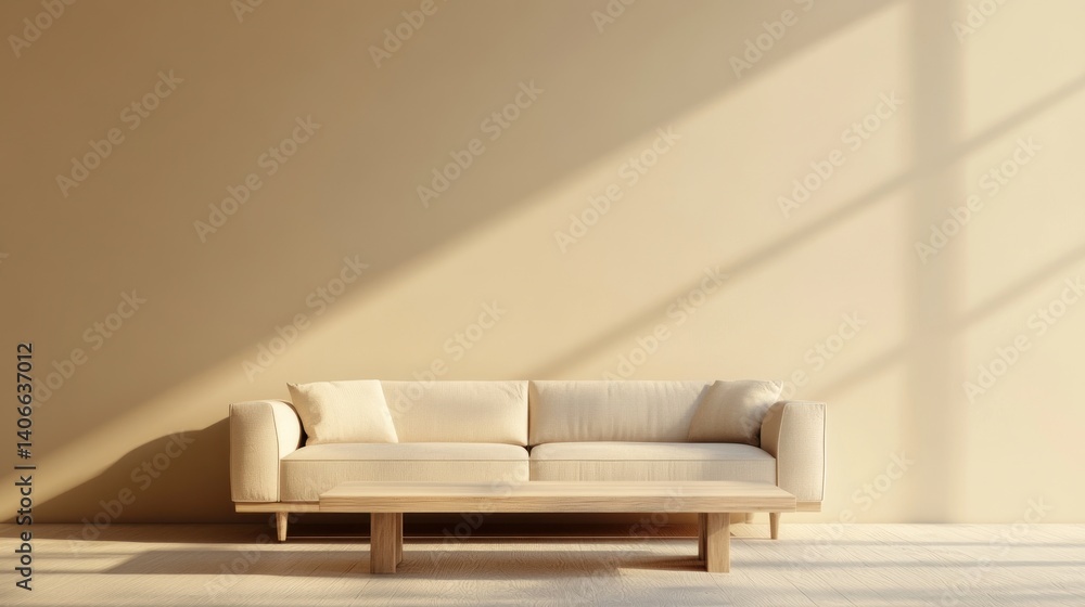 Minimalist living room with a luxurious sofa, clean lines, and a light wood coffee table, set against an elegant neutral wall