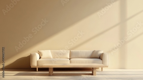 Obraz na płótnie Minimalist living room with a luxurious sofa, clean lines, and a light wood coffee table, set against an elegant neutral wall w salonie