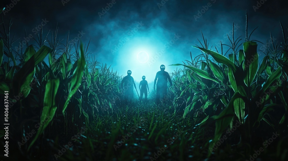 Obraz premium Mysterious figures in moonlit cornfield with eerie lighting. Halloween, All Hallows Eve, Samhain - Spooky Holiday Season, Fall Festival Celebration