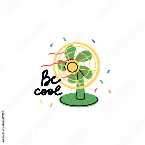 Electric fan. Ventilator table rotating propeller, cool air control, climate control in home. Modern and vintage blower equipment. Doodle drawing. Vector cartoon flat isolated poster, print