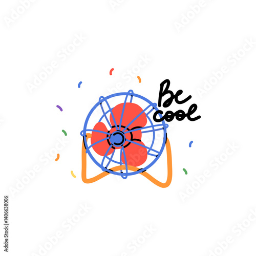Electric fan. Ventilator table rotating propeller, cool air control, climate control in home. Modern and vintage blower equipment. Doodle drawing. Vector cartoon flat isolated poster, print