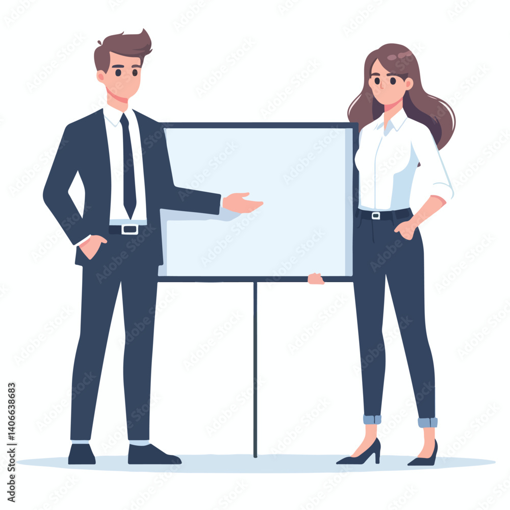 vector business man and woman standing presentation gesture vector business man and woman standing presentation gesture