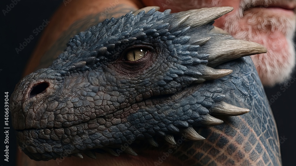 Obraz premium 3D fantasy dragon tattoo bursting from shoulder in surreal illusion