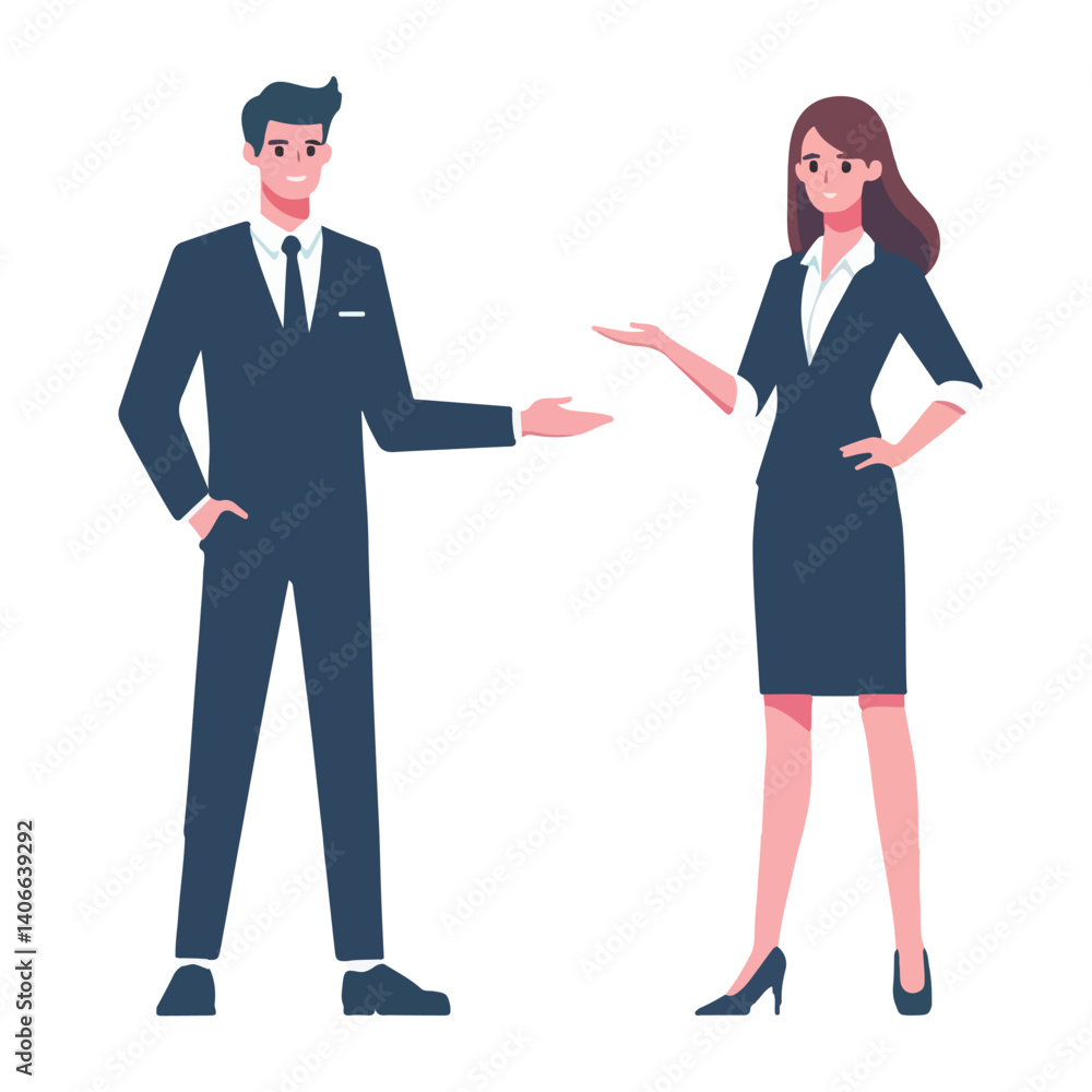vector business man and woman standing presentation gesture vector business man and woman standing presentation gesture