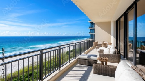 Stunning oceanfront condo balcony with stylish furnishings and breathtaking views