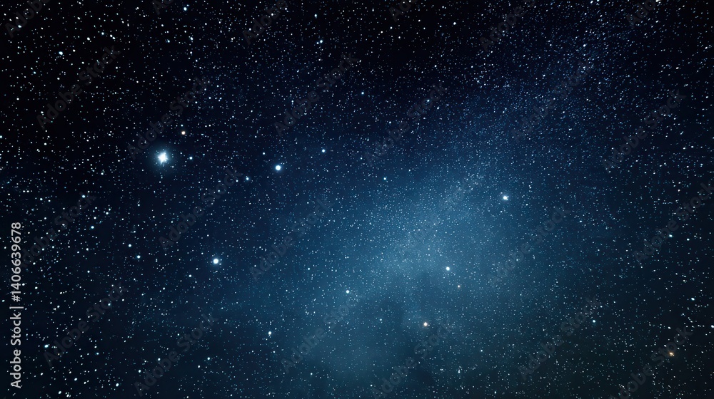 Fototapeta premium A vast expanse of a starry night sky fills the scene, with countless twinkling stars scattered across a deep blue backdrop. The stars vary in brightness, creating a sense of depth.
