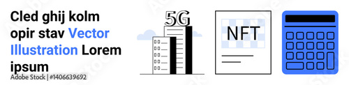 Tall urban building marked with 5G tech, NFT document with lines, and blue calculator. Ideal for technology, blockchain, finance, urban development, data analysis, education simple landing page