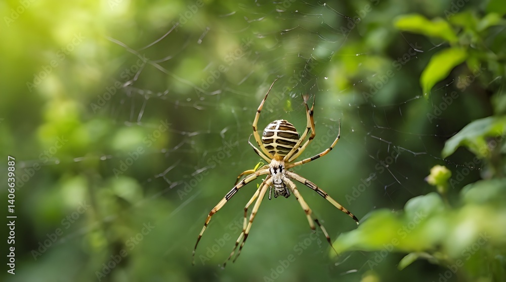 Yellow striped spider outside in green nature in her spider web.generative.ai