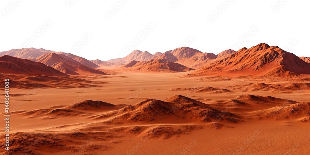 Naklejka premium Mars Planet Landscape with Rocky Mountains and Sand Terrain – Isolated Transparent BackgroundRed Planet Mars Desert Scene with Craters and Rocks – Cutout PNG for Sci-Fi Design