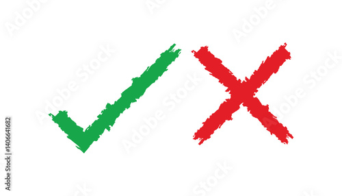 Hand drawn chalk checklist. green tick and red cross signs. check marks doodle set. brush correct or incorrect sign. yes and no elements