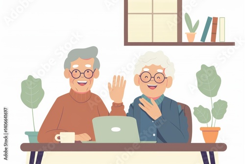 Wallpaper Mural Two happy older people are sitting at a table with a laptop. One of them is waving at the camera Torontodigital.ca
