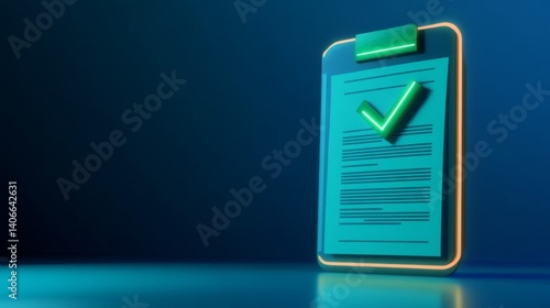 Teal 3D Render of Checklist with Glowing Checkmark