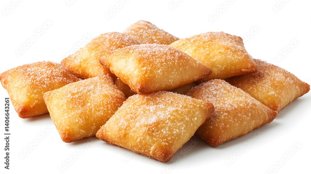 A delicious pile of golden-brown, sugar-coated fried bread pastries sits on a white background perfect for food blogs and recipe websites. A delicious pile of golden-brown, sugar-coated fried bread pastries sits on a white background perfect for food blogs and recipe websites.