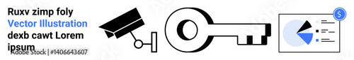 Surveillance camera, classic key, and pie chart with dollar symbol combining security, privacy, financial access, and data. Ideal for cybersecurity, analysis, reliability locks technology