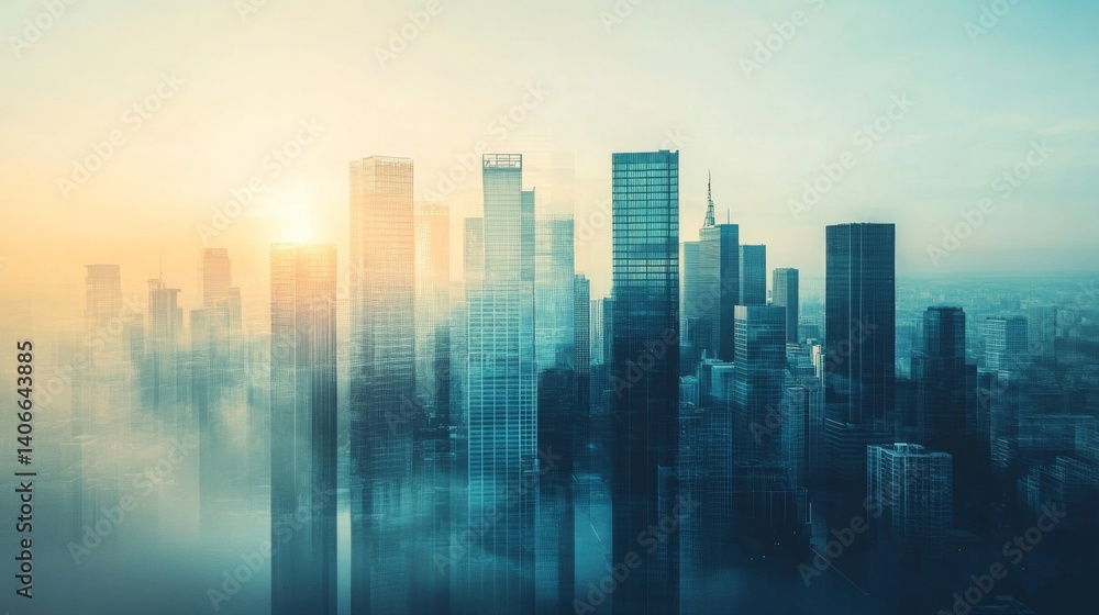 Fototapeta premium Modern City Skyline at Sunrise with Mist