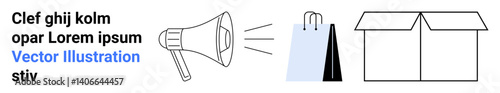 Megaphone projecting sound, two shopping bags, and an open box. Ideal for marketing, advertising, e-commerce, retail, delivery, online shopping and a simple landing page