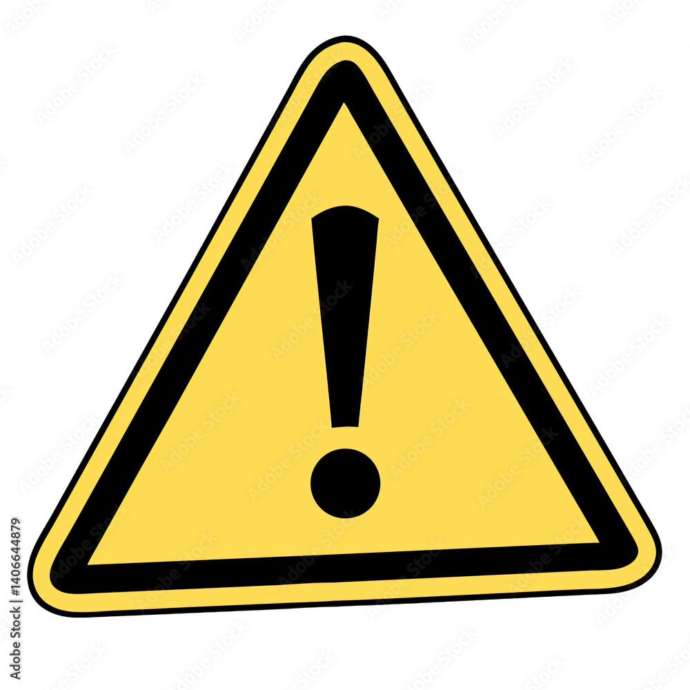 Bold yellow caution sign with an exclamation mark alerts drivers and pedestrians to be aware of potential hazards in a busy urban environment Bold yellow caution sign with an exclamation mark alerts drivers and pedestrians to be aware of potential hazards in a busy urban environment