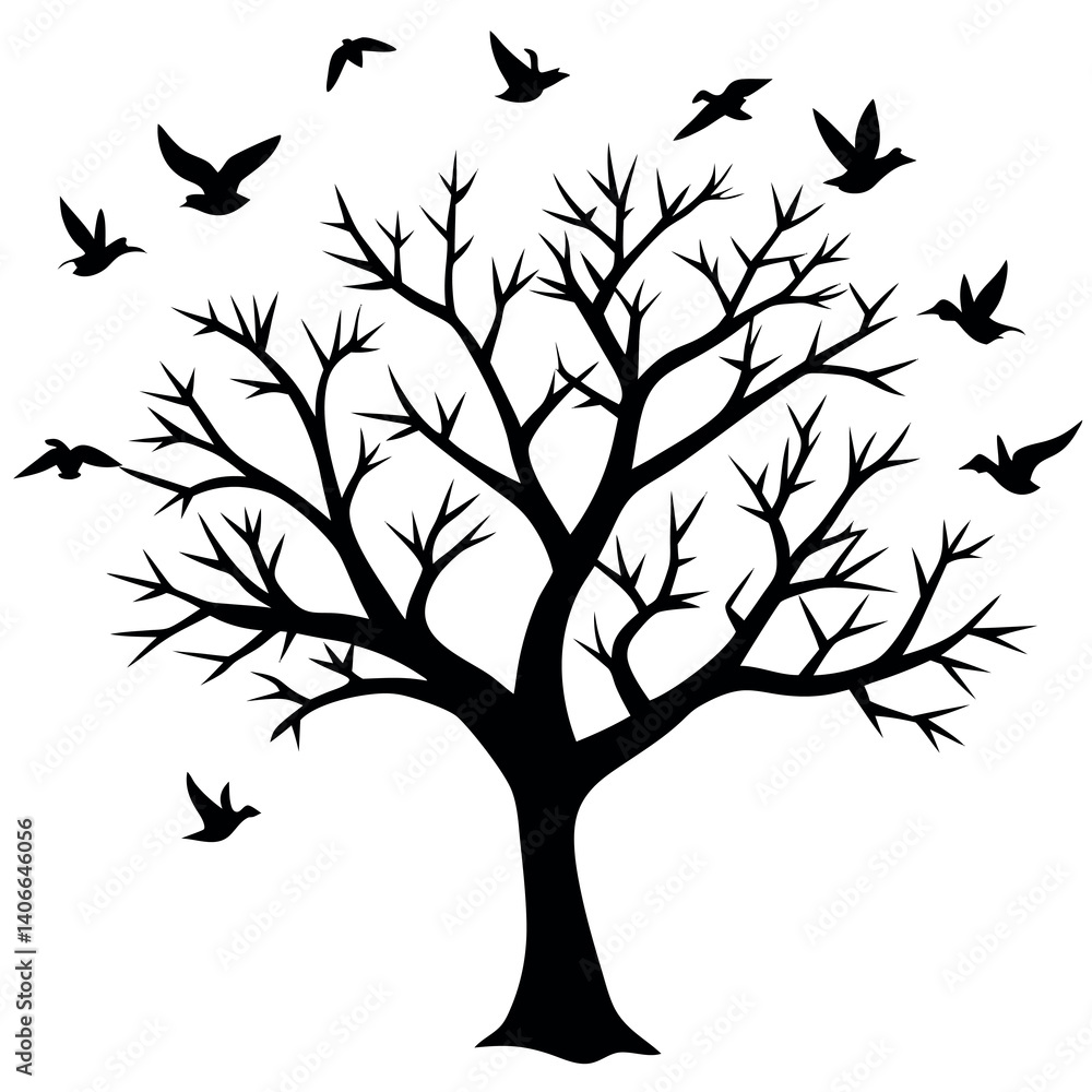 Fototapeta premium Bare tree silhouette with birds flying away vector. 