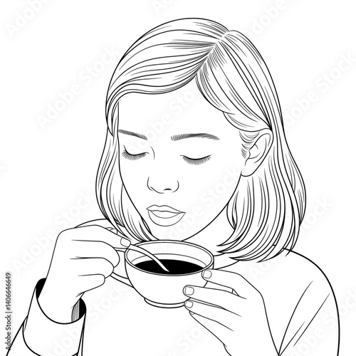 ‎A black and white a girl eating a tea  illustration line art of a coloring page
