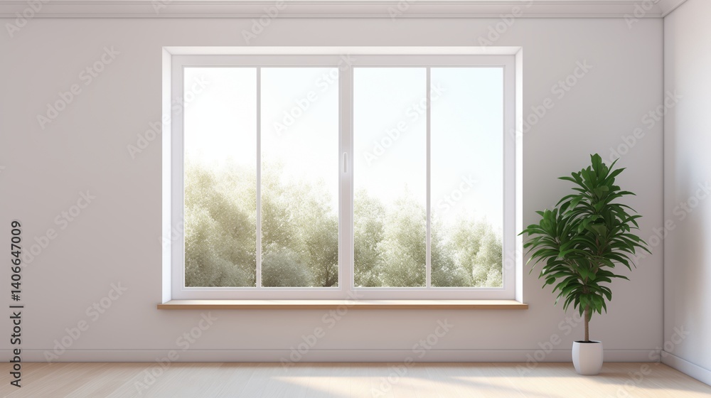 Fototapeta premium Large window in a room with view of a field. empty room and has a wooden floor 