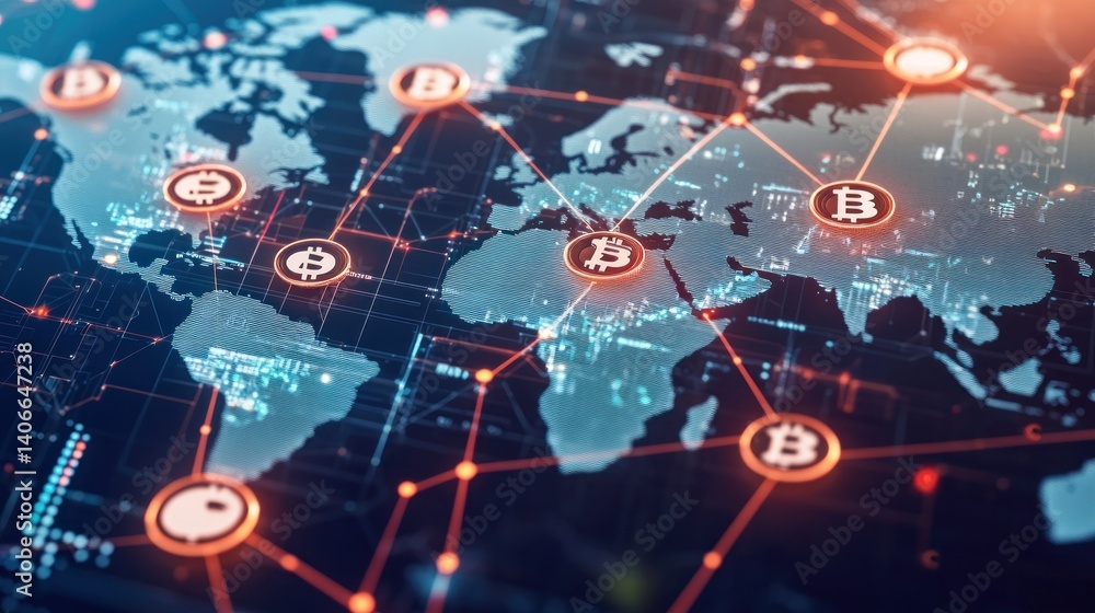 Global Cryptocurrency Network. A worldwide digital currency network, depicted as a map with interconnected nodes representing cryptocurrencies and their global reach.