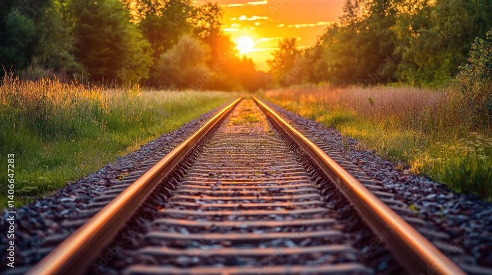 Fototapeta premium Golden sunset over railway tracks