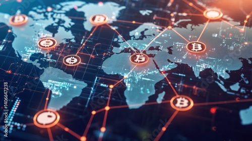 Obraz na płótnie Global Cryptocurrency Network. A worldwide digital currency network, depicted as a map with interconnected nodes representing cryptocurrencies and their global reach. w salonie
