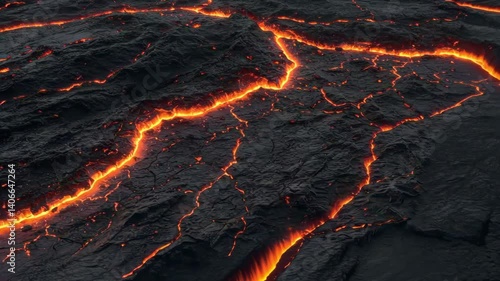 A close up view of cracked black earth with bright orange lava flowing through the cracks