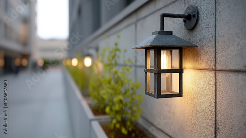 Elegant wall-mounted lantern illuminating modern urban outdoor space with lush greenery and soft bokeh background
