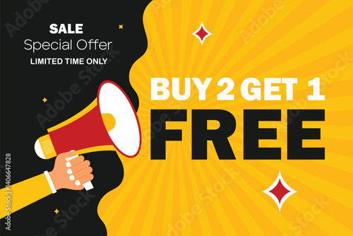 buy two get one free with hand holding megaphone