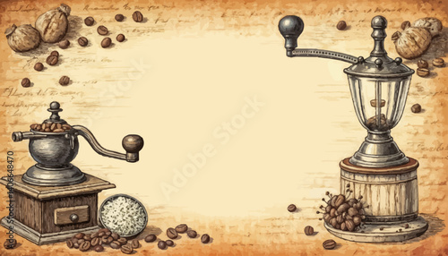 Vintage Coffee Grinders in Detailed Sepia Illustration with Copy Space