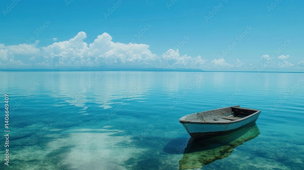 Serene Turquoise Waters and a Lonely Boat Under a Expansive Cloudy Sky Serene Turquoise Waters and a Lonely Boat Under a Expansive Cloudy Sky