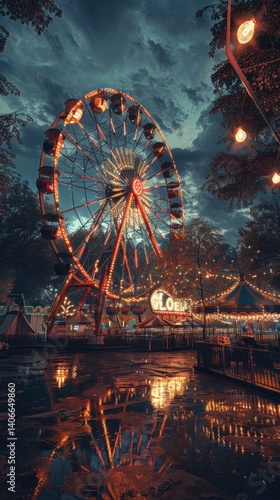 Dusk Ferris wheel reflection carnival night scene