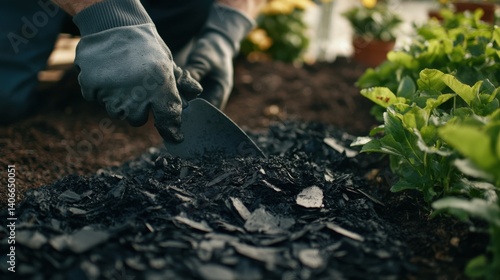 Wallpaper Mural Landscaper laying mulch in a garden bed to enhance the landscape. Featuring landscaping Torontodigital.ca