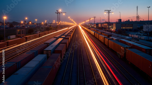 Cargo freight trains with containers at dusk in rail yard with light trails and motion blur